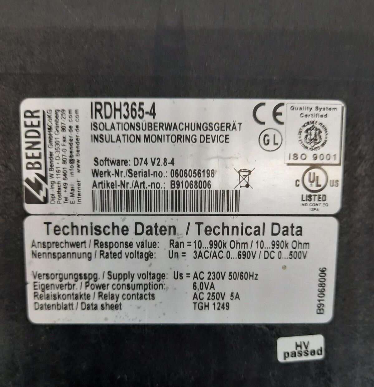 BENDER IRDH365-4 INSULATION MONITORING DEVICE