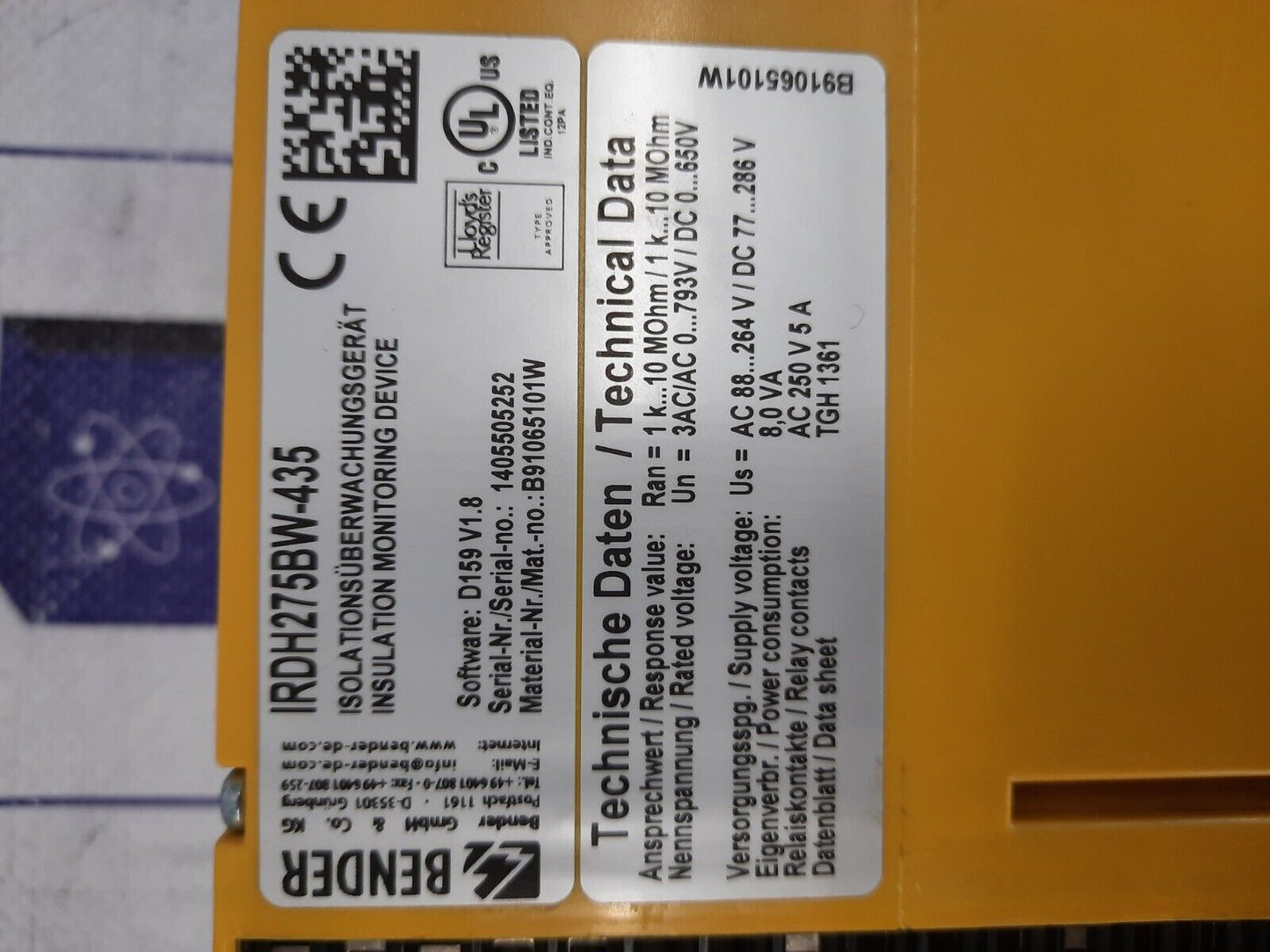 BENDER IRDH 275BW-435 INSULATION MONITORING DEVICE