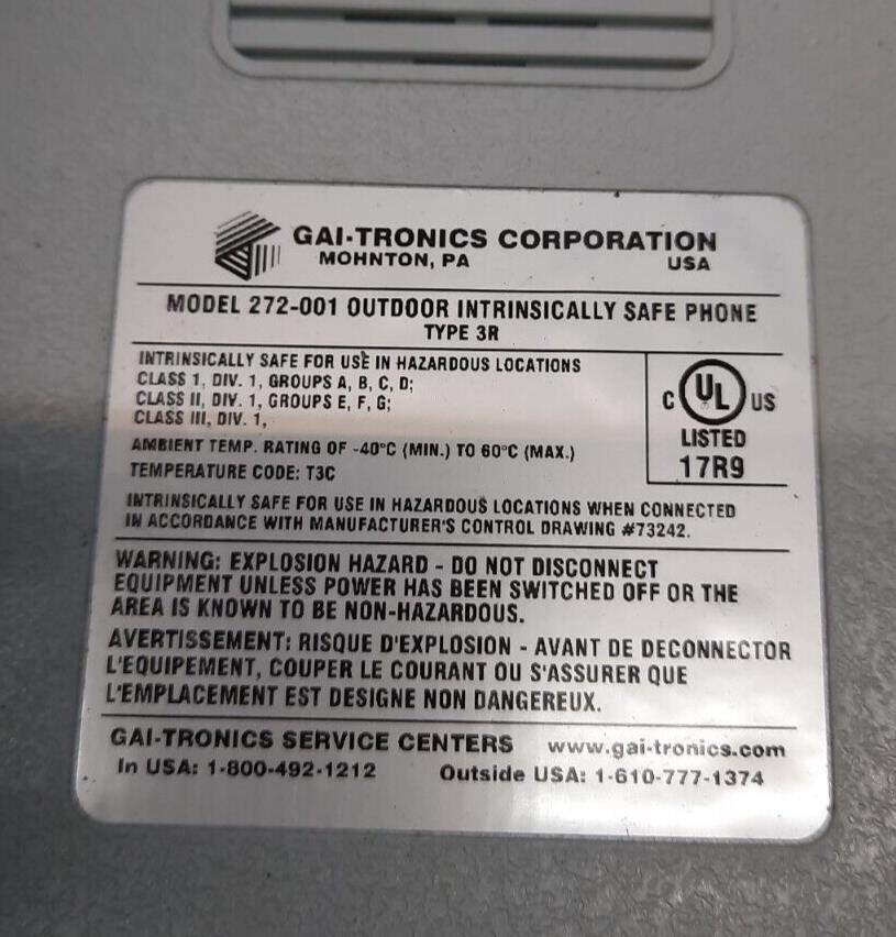 GAI-TRONICS 272-001 OUTDOOR INTRINSICALLY SAFE PHONE
