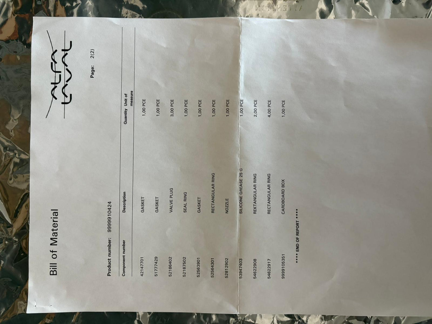 ALFA LAVAL 9999910424 KIT DE SERVICIO INTERMEDIO Envío rápido