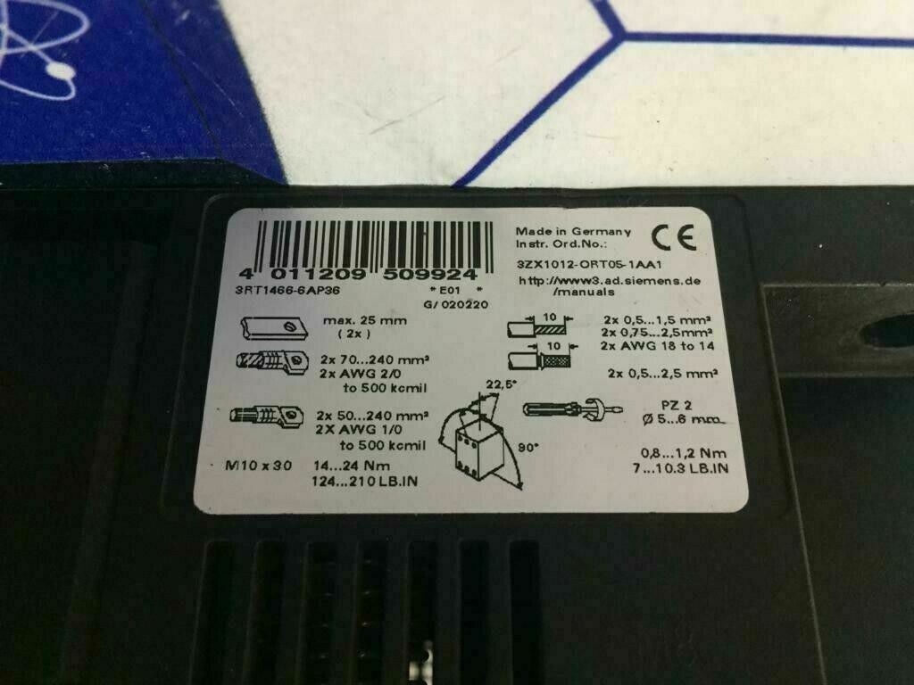 Siemens 3rt1466-6ap36 with 3ZX1012-ORT05-1AA1 50/60Hz 400V  Sirius Contactor