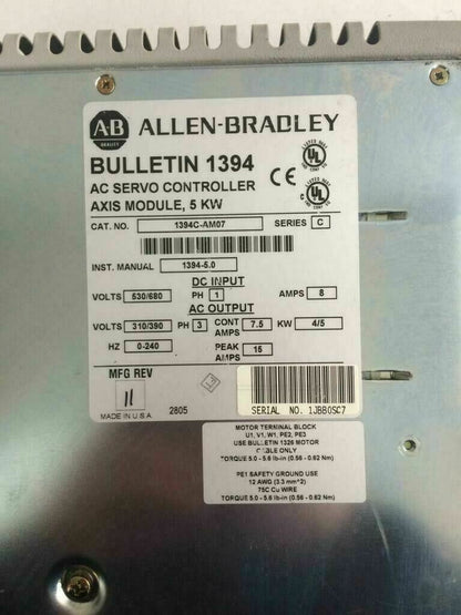 Allen-Bradley Bulletin 1394 AC Servo Controller 5KW Axis Module 1394C-AM07