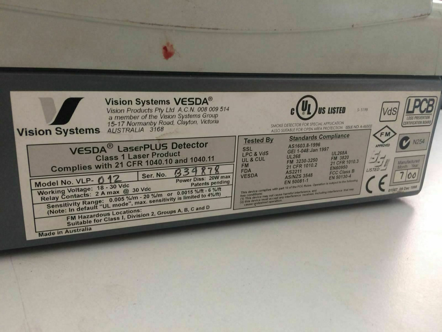 Vision Systems Vesda LaserPLUS Detector Class 1 Laser Product CFR 1040