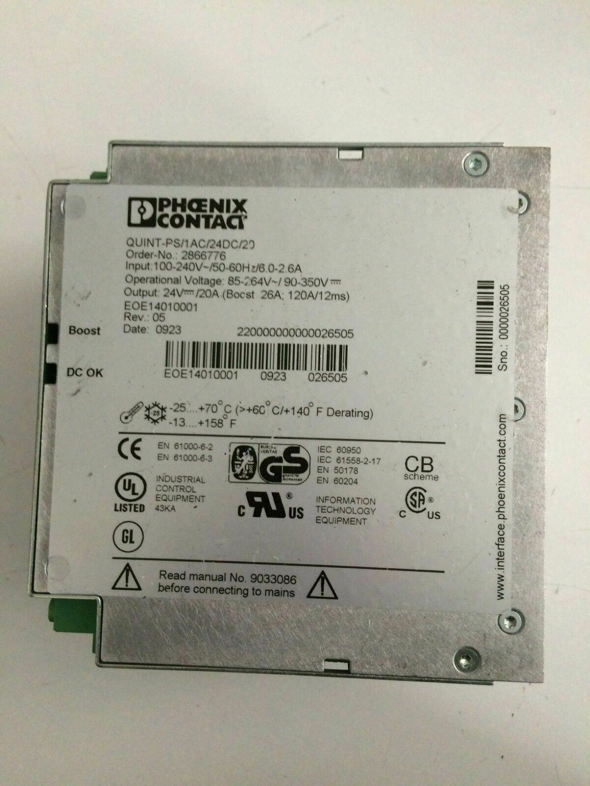 PHOENIX CONTACT-QUINT POWER-QUINT-PS1/AC24/DC20 REV:09 SN:0000244547