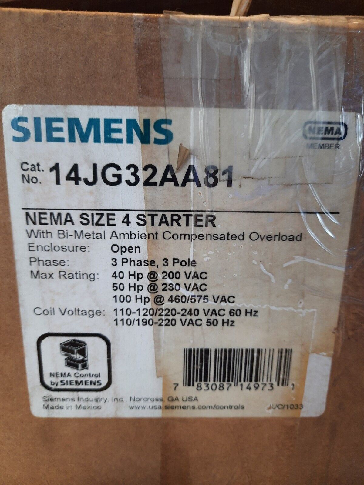 SIEMENS 14JG32AA81 NEMA SIZE 4 STARTER