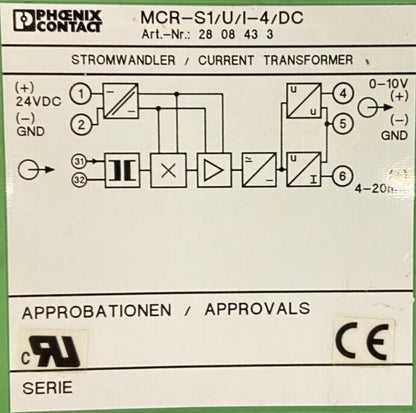 PHOENIX CONTACT CURRENT TRANSFORMER MCR-S1/U/I-4/DC ART NO: 2808433