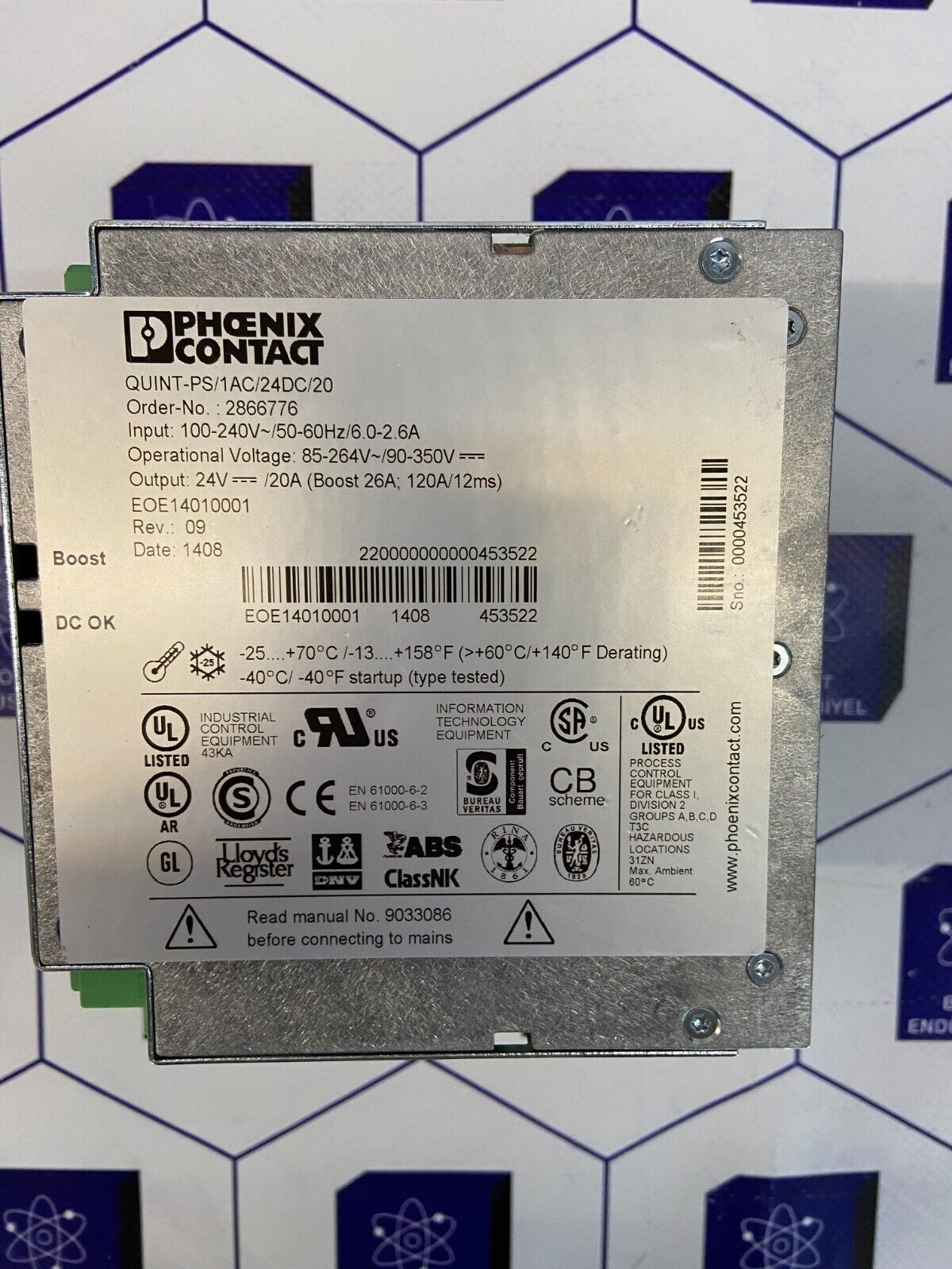 PHOENIX CONTACT QUINT POWER QUINT-PS/1AC/24DC/20 REV:09 ORDER NO: 2866776