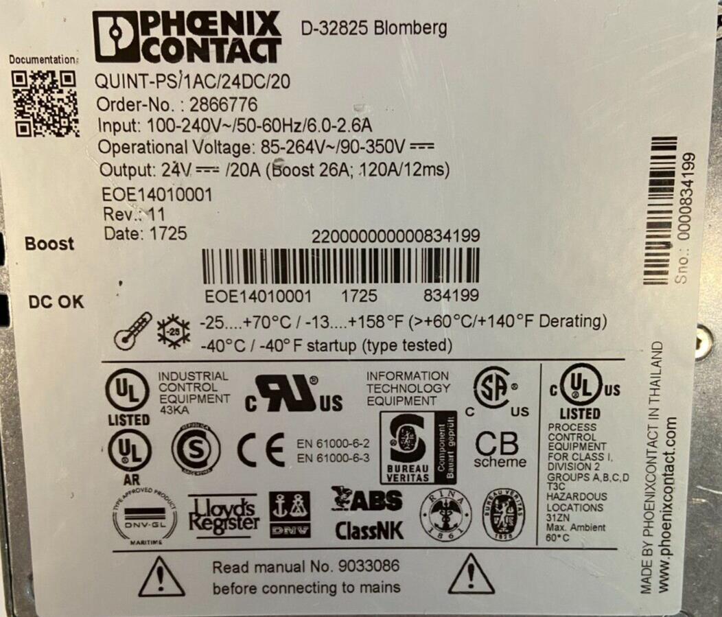 PHOENIX CONTACT QUINT POWER QUINT-PS/1AC/24DC/20 REV:11 D-32825 2866776