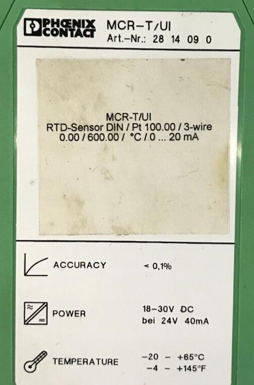PHOENIX CONTACT RTD SENSOR DIN/PT 100.00 MCR-T/UI ORDER NO: 2814090