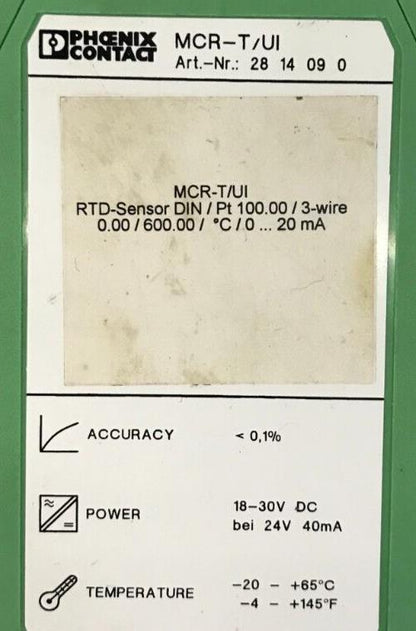 PHOENIX CONTACT RTD SENSOR DIN/PT 100.00 MCR-T/UI ORDER NO: 2814090