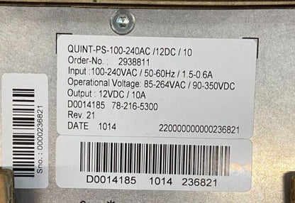 PHOENIX CONTACT QUINT POWER PART 152122+71 PS-100-240AC/12DC/10 ORD. NO: 2938811