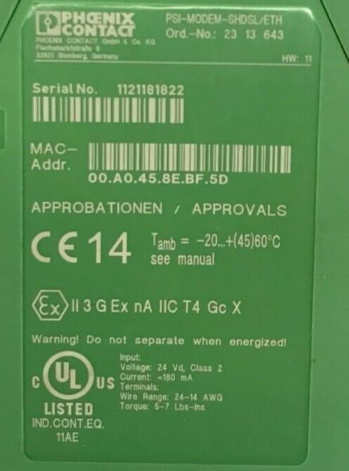 PHOENIX CONTACT PSI MODEM PSI-MODEM-SHDSL/ETH ORDER NO: 2313643 Serial1121181822