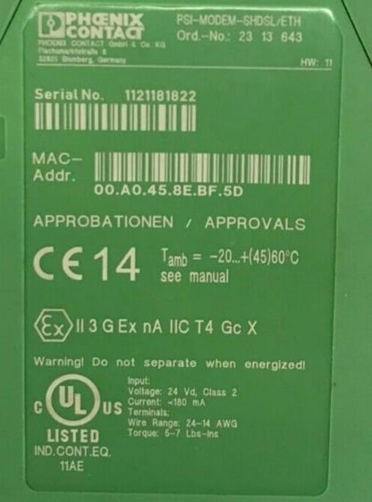 PHOENIX CONTACT PSI MODEM PSI-MODEM-SHDSL/ETH ORDER NO: 2313643 Serial1121181822