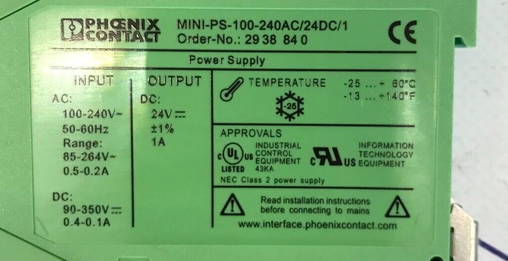PHOENIX CONTACT POWER SUPPLY MINI-PS-100-240AC/24DC/1 ORDER NO:  2938840