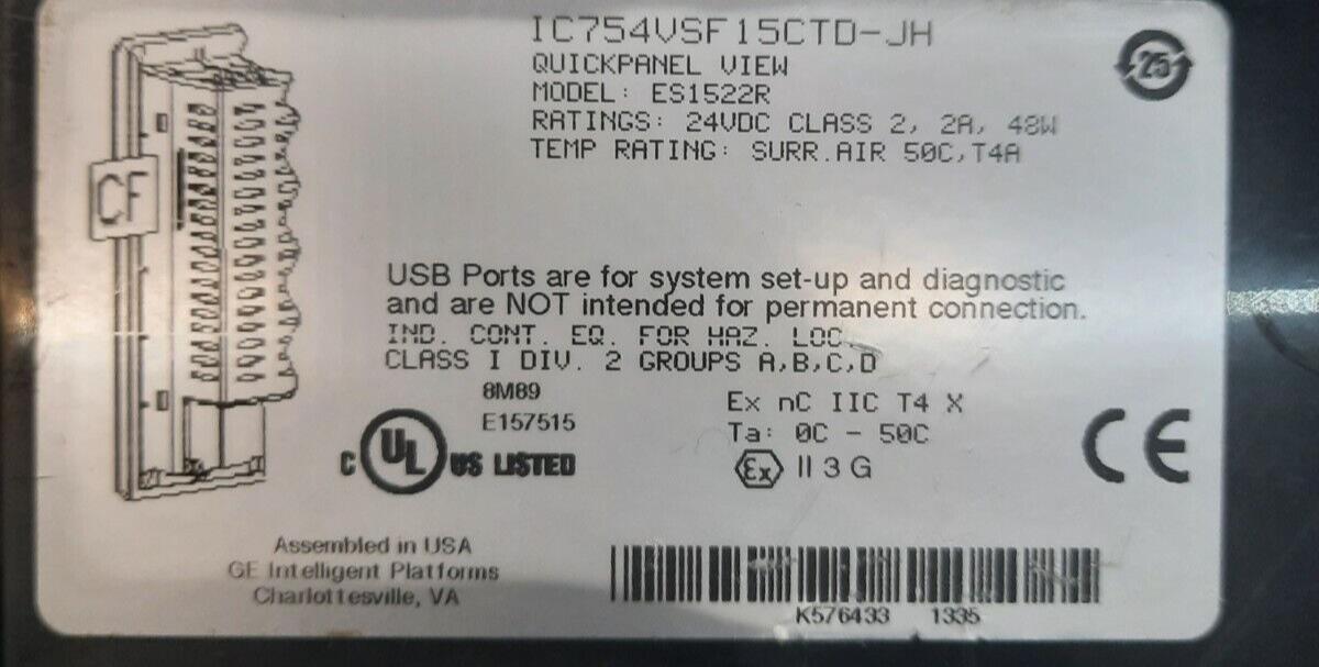 GE FANUC IC754VSF 15CTD-JH QUICKPANEL VIEW MODEL ES1522R