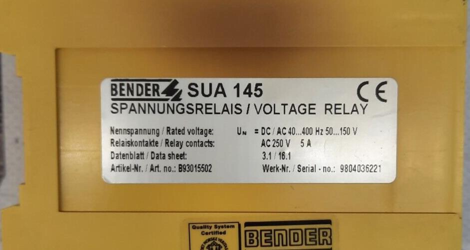 BENDER SUA 145 VOLTAGE RELAY
