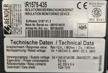 BENDER-IR1575-435-INSULATION MONITORING DEVICE