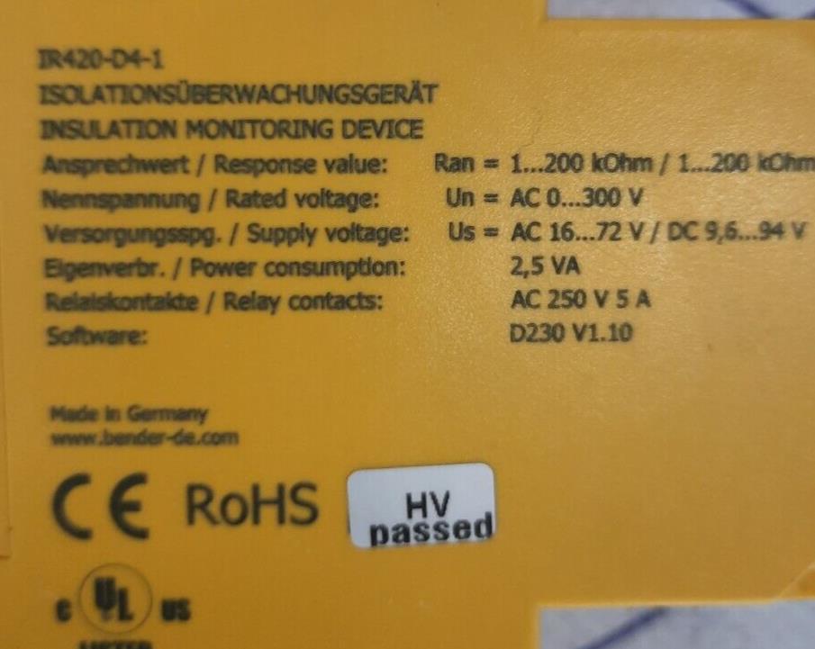 BENDER IR420-D4-1 A-ISOMETER INSULATION MONITORING DEVICE