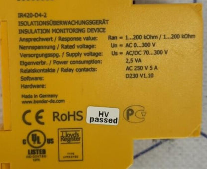 BENDER IR420-D4-2  A-ISOMETOR INSULATION MONITORING DEVICE