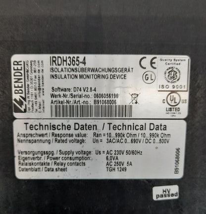 BENDER IRDH365-4 INSULATION MONITORING DEVICE