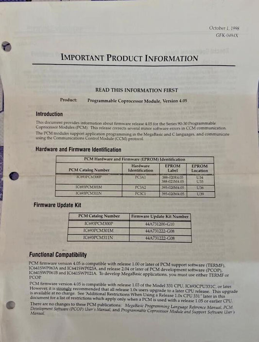 GE FANUC 44A7312222 G08 - IC693PCM301M/311N UPGRADE KIT VERSION 4.05 PCM301/311