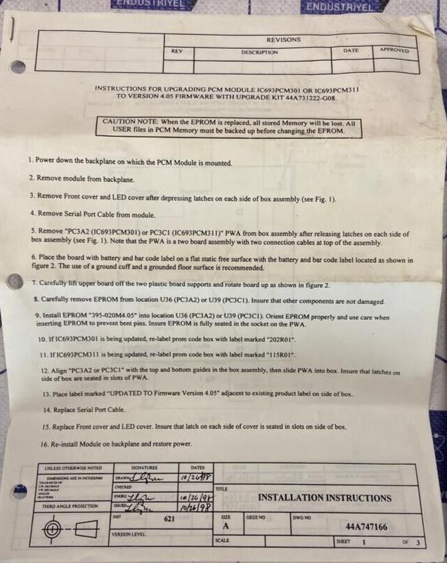 GE FANUC 44A7312222 G08 - IC693PCM301M/311N UPGRADE KIT VERSION 4.05 PCM301/311