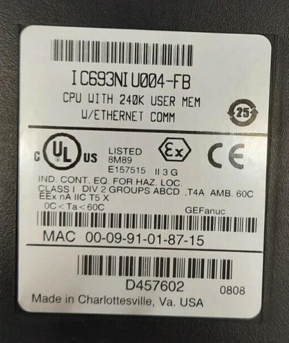 GE FANUC IC693NIU004-FB CPU WITH 240K USER MEM U/ETHERNET COMM