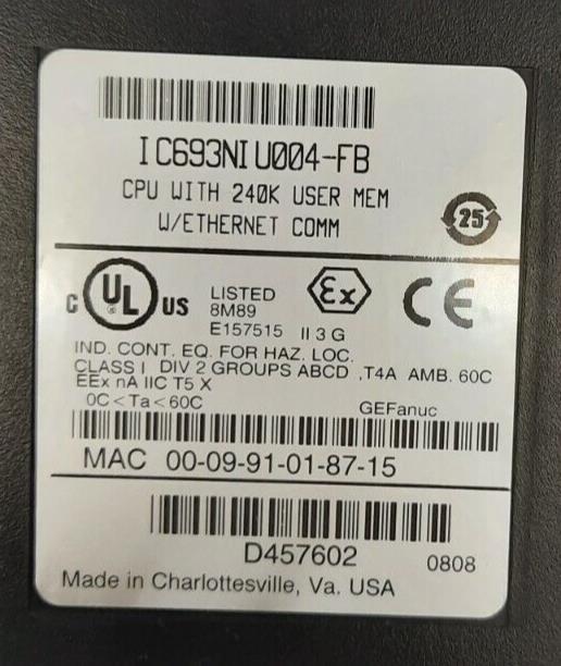 GE FANUC IC693NIU004-FB CPU WITH 240K USER MEM U/ETHERNET COMM