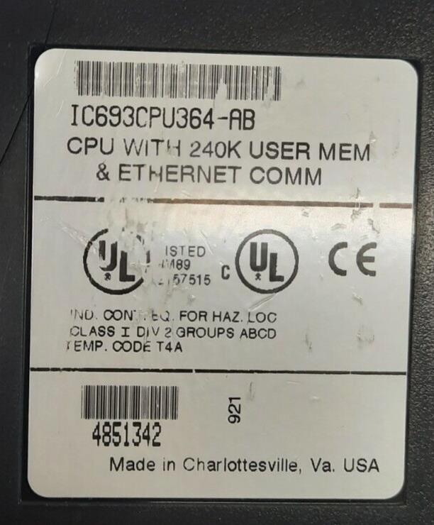 GE FANUC IC693CPU364-AB CPU WITH 240K USER MEM & ETHERNET COMM