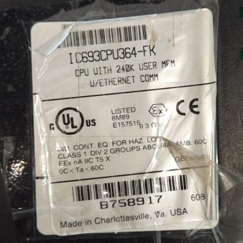 GE FANUC IC693CPU364-FK CPU WITH 240K USER MEM & U/ETHERNET COMM
