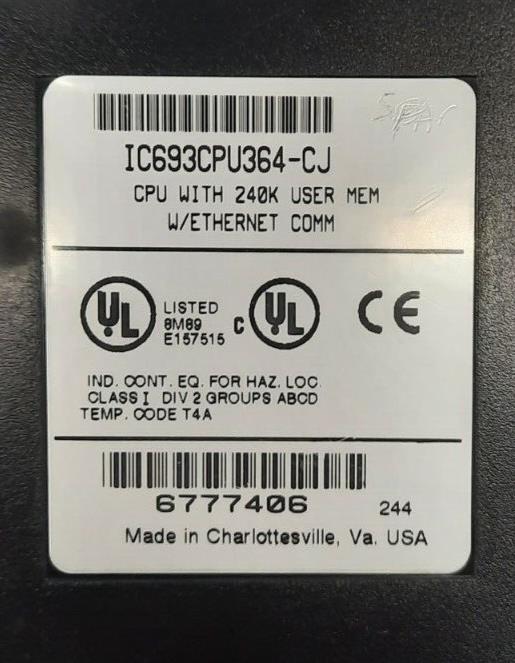 GE FANUC IC693CPU364-CJ CPU WITH 240K USER MEM W/ETHERNET COMM