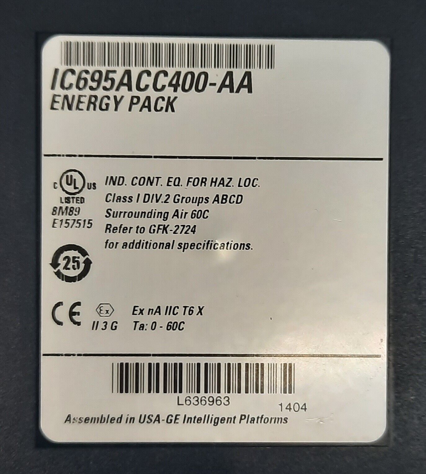 GE FANUC IC695ACC400-AA ENERGY PACK RACSystems RX3i