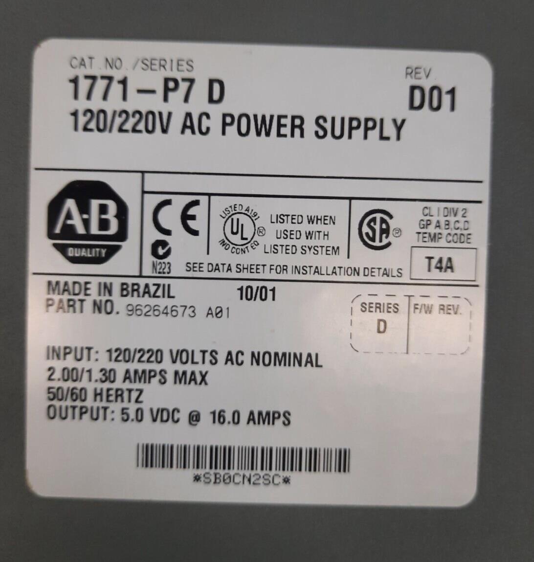 ALLEN BRADLEY 1771-P7 Rev D01 AC120/220V 16A POWER SUPPLY