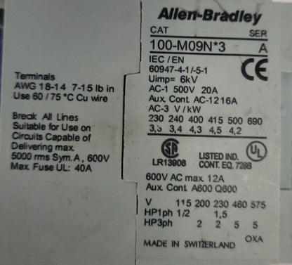 ALLEN BRADLEY 100-MO9N͙3 / M-09 CONTACTOR