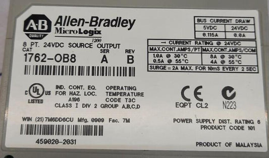 ALLEN BRADLEY 1762-OB8 MicroLogix™1200 8PT 24VDC SOURCE OUTPUT