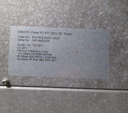 SIEMENS 6AV7814-0AC21-2AC0 SIMATIC Panel PC 877 (DC) Without Screen