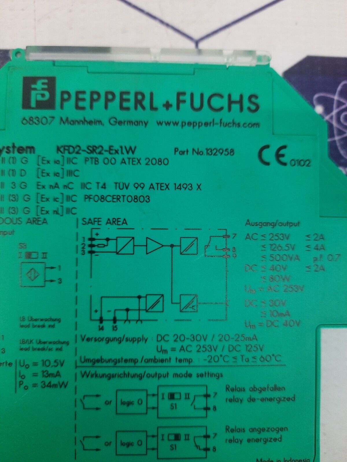 PEPPERL+FUCHS K-System KFD2-SR2-Ex1.W PART NO 132958