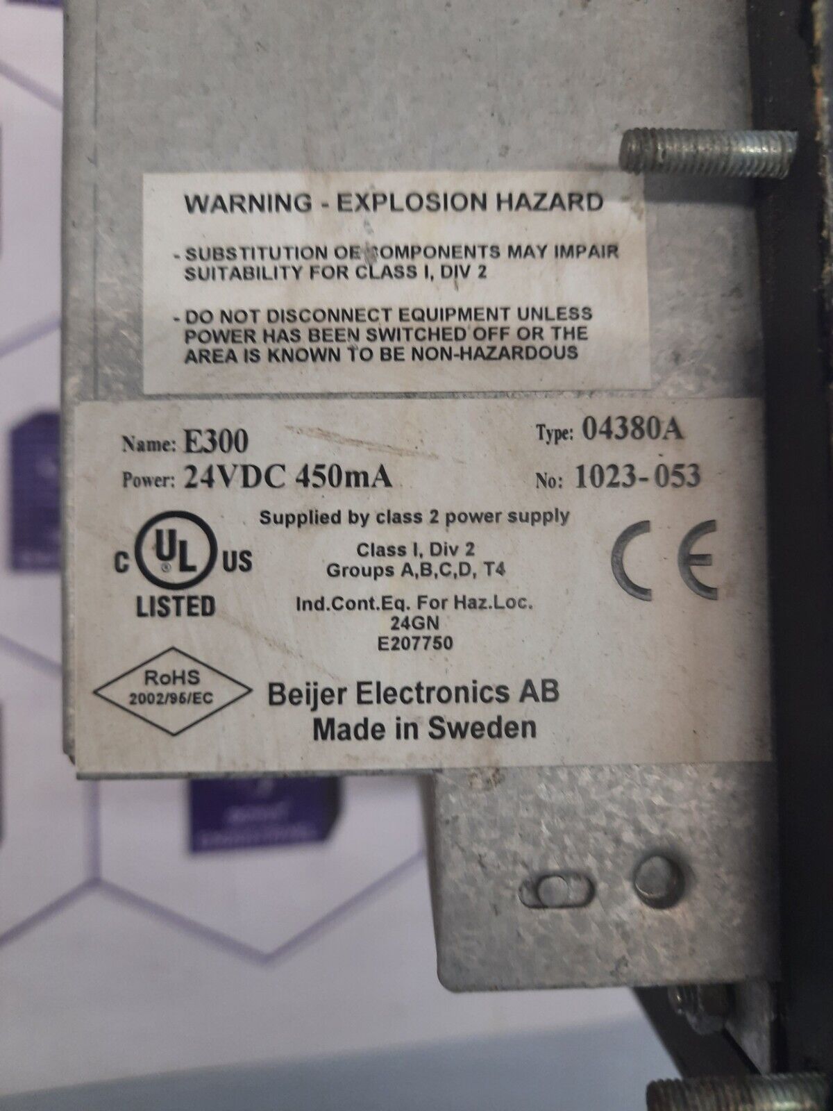 BEIJER ELECTROICS AB E300 04380A SUPPLIED BY CLASS 2 POWER SUPLY