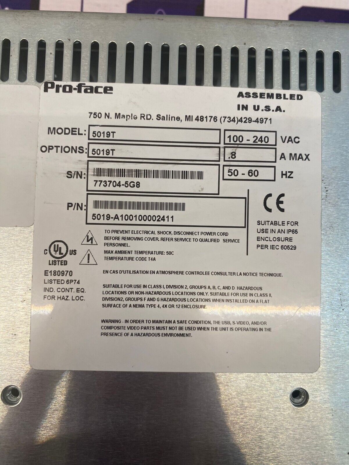 Xycom 5019T Operator Interface Screen Automation Pro-Face PN:5019-A100100002411