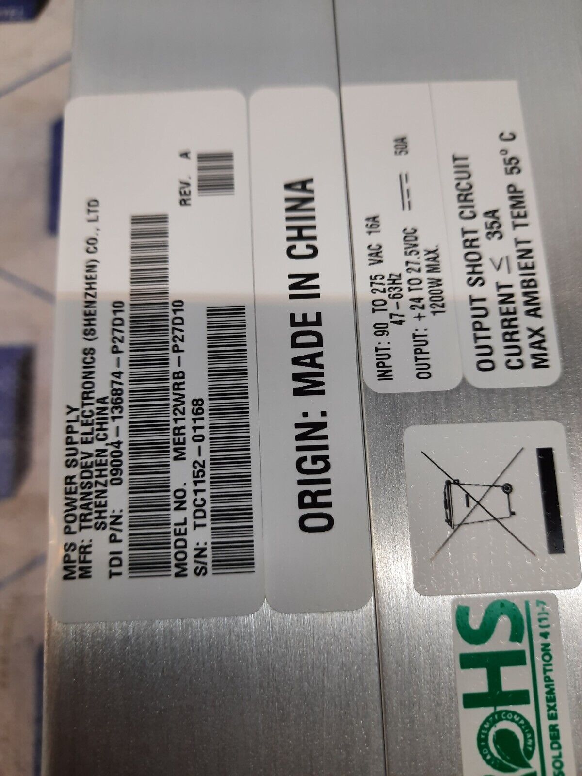 TRANSDEV ELECTRONICS MER12WRB-P27D10 REV.A (09004-136874-P27D10) POWER SUPPLY