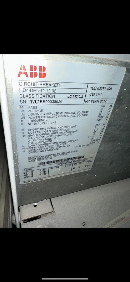 ABB HD4 12.12.32 1vcf347111r0451 SF6 12.16.32 Medium Voltage Gas in Breaker