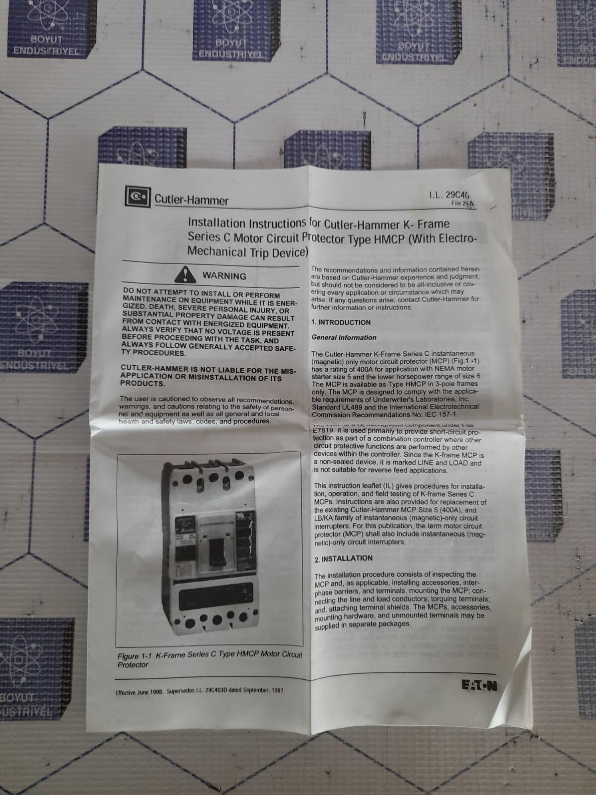 EATON Motor Circuit Protector Cutler Hammer HMCP400X5C IEC 60947 1492D95G31