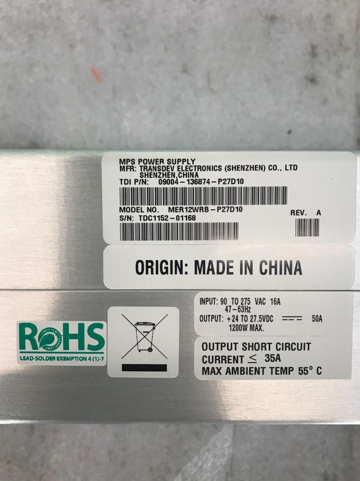 TRANSDEV ELECTRONICS MPS POWER SUPPLY MER12WRB-P27D10 09004-136874-P27D10 REV:A