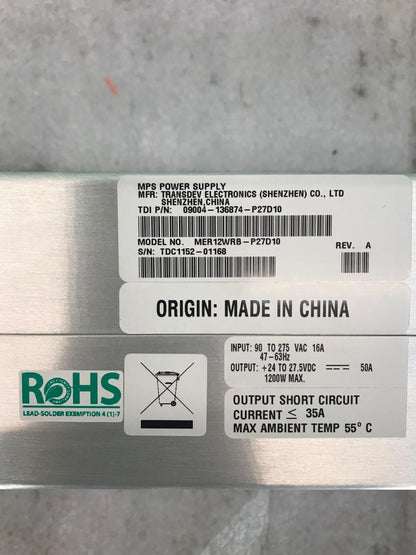 TRANSDEV ELECTRONICS MPS POWER SUPPLY MER12WRB-P27D10 09004-136874-P27D10 REV:A