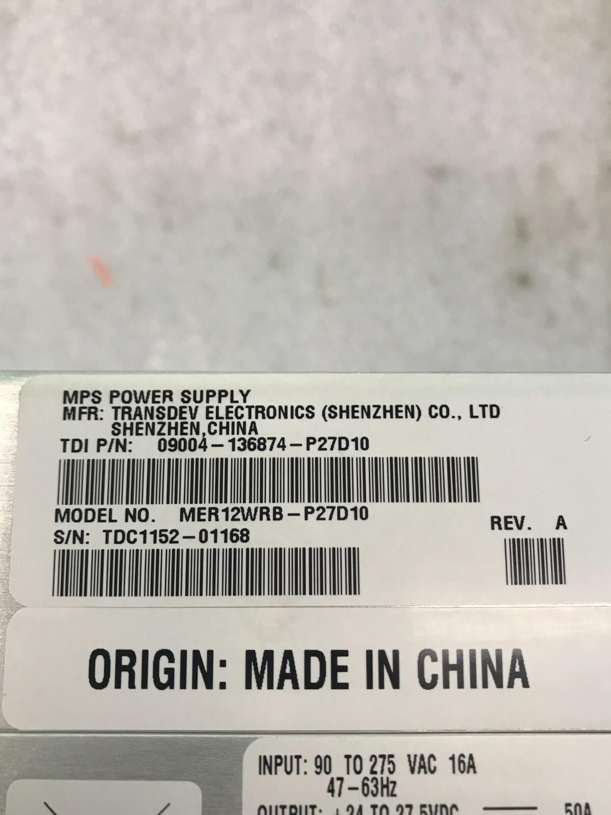 TRANSDEV ELECTRONICS MPS POWER SUPPLY MER12WRB-P27D10 09004-136874-P27D10 REV:A