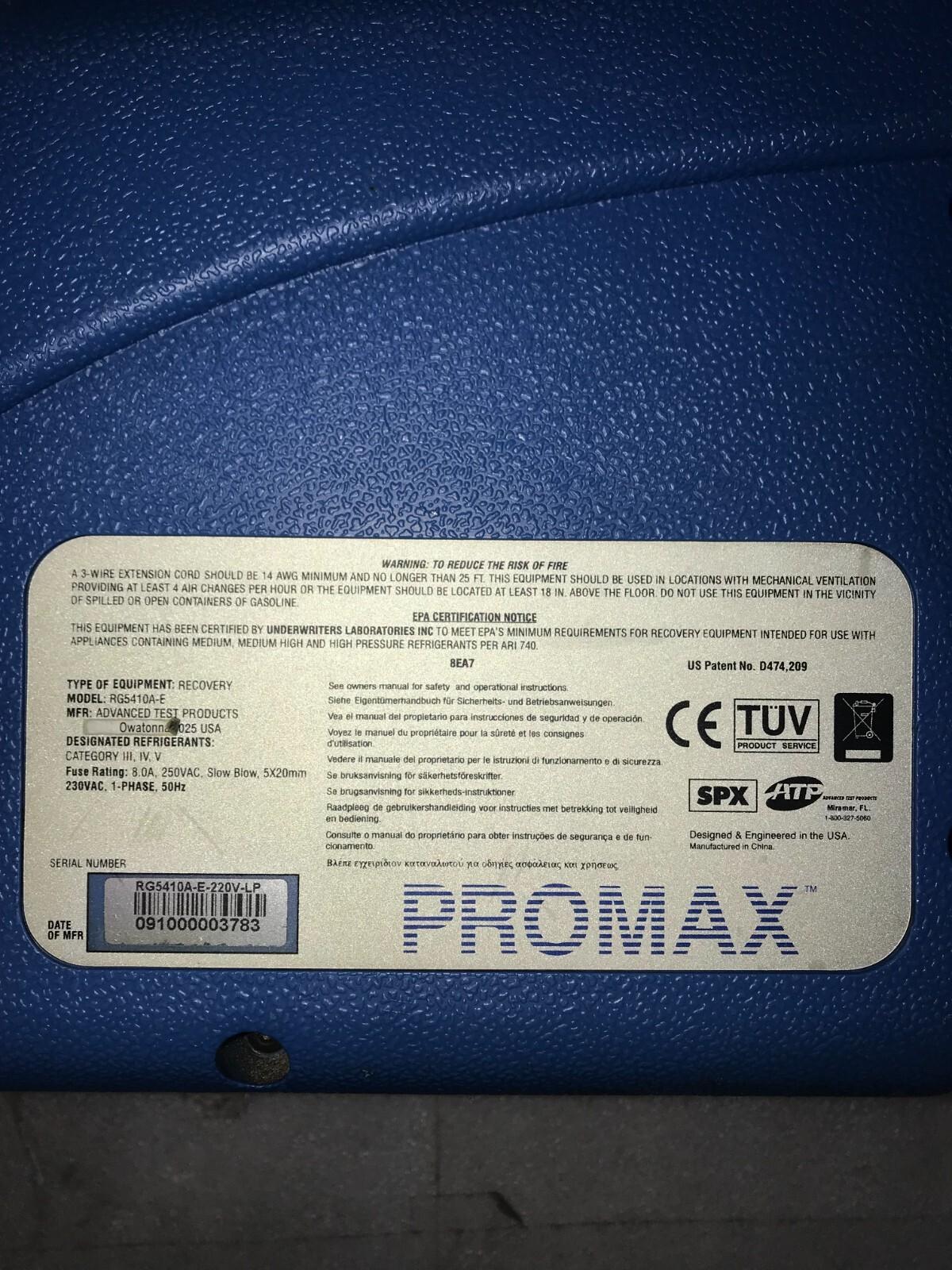 UNITOR URU 5000A PROMAX REFRIGERANT RECOVERY UNIT RG5410A-E-220V-LP 606-613748