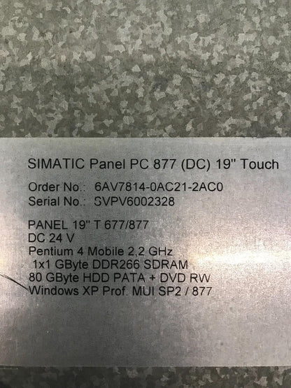 SIEMENS SIMATIC Panel PC 887 (DC) 19 Touch 6AV7814-0AC21-2AC0 G82-00004