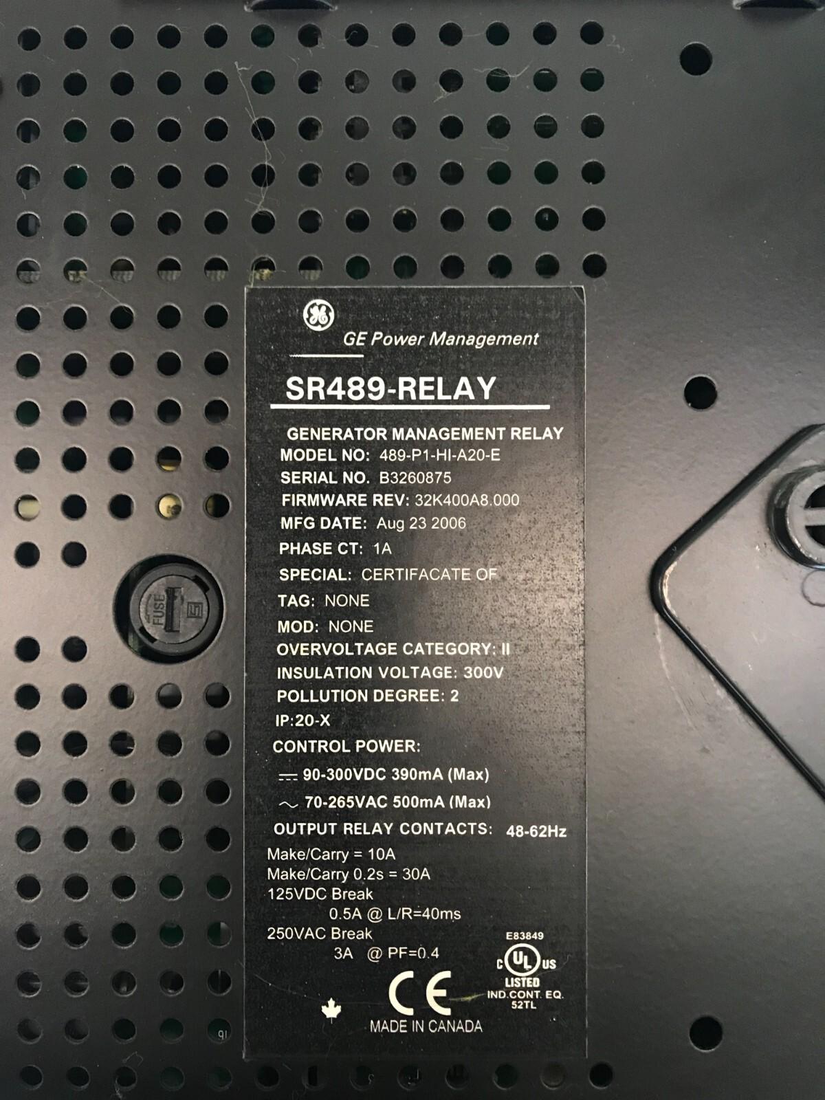 GE POWER MANAGEMENT 489-P1-HI-A20-E RELÉ DE GESTIÓN DEL GENERADOR ENVÍO RÁPIDO