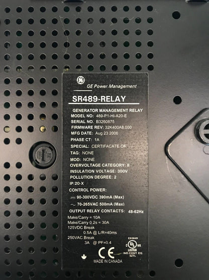 GE POWER MANAGEMENT 489-P1-HI-A20-E RELÉ DE GESTIÓN DEL GENERADOR ENVÍO RÁPIDO