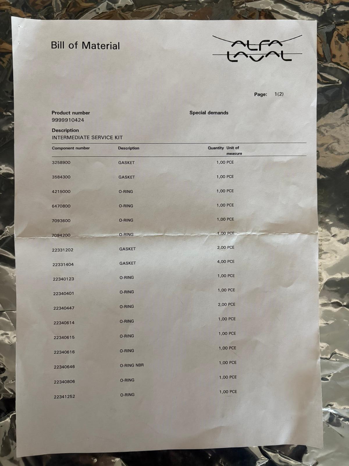 ALFA LAVAL 9999910424 KIT DE SERVICIO INTERMEDIO Envío rápido